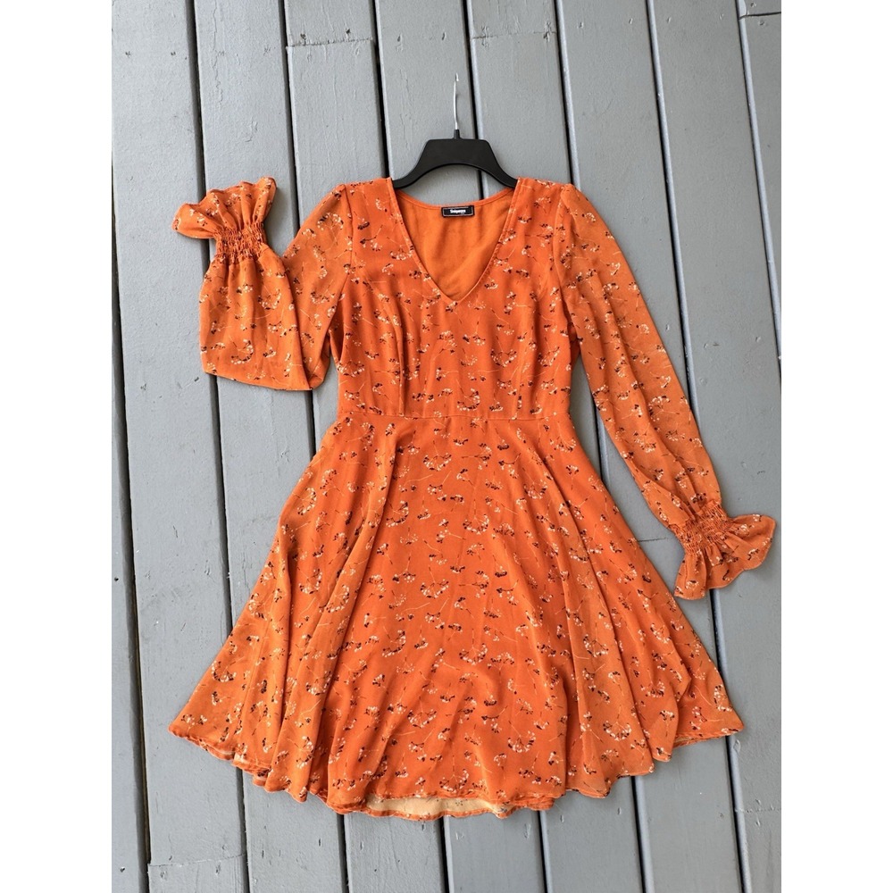 Sinequanone dress Floral Fall Boho Long Sleeve Burnt Orange V Neck‎ Size Small